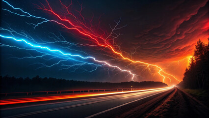 Dramatic dualcolored lightning strikes illuminate a stormy night sky over a highway