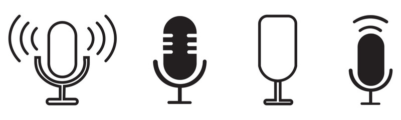 Set of microphone icons. Containing microphone, opinion, asmr, podcast, sing, cracking and more. Different variant podcast microphone.  public speaker. Vocal signs. Vector illustration