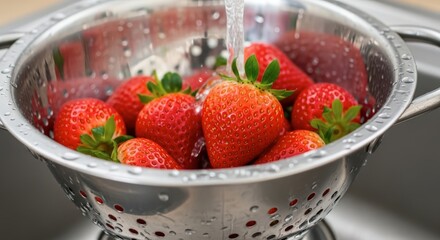 Washing fresh ripe red strawberries in a metal colander.