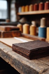 Rustic leather crafting materials in a cozy artisan workshop.