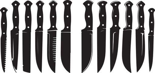 Black knife icon set featuring various knife designs. A vector collection perfect for kitchen tools, hunting, survival, cooking, and culinary illustrations on a white background