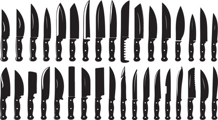 Black knife icon set featuring various knife designs. A vector collection perfect for kitchen tools, hunting, survival, cooking, and culinary illustrations on a white background