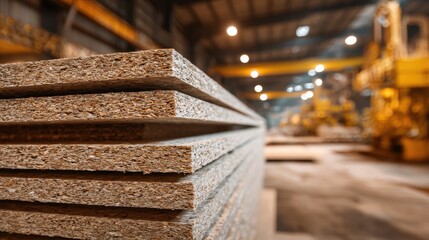 A 4K photo of stack of Particle Board Sheets in a Manufacturing Facility.