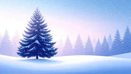 Fototapeta premium Minimalist Christmas background featuring a single white pine tree silhouette on pastel gradient backdrop, symbolizing winter holidays, simplicity, celebration, and seasonal elegance.