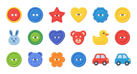 Obraz premium Vector Icons Set of Colorful collection of cute sewing buttons for childrens clothing. Vector Illustrations. EPS Editable