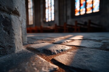 Historic church interior with stained glass and stone floor detail.
