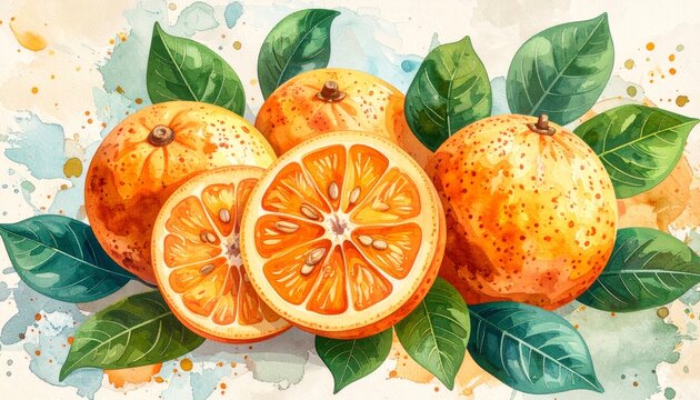 Illustration of bright yellow bananas with slices and leaves against a painterly yellow background. - Powered by Adobe