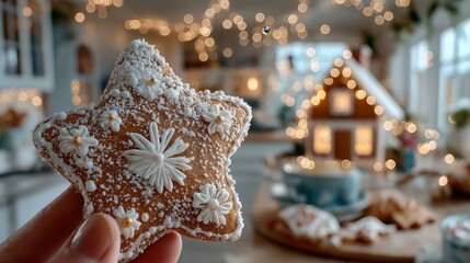POV view of a hand holding a decorated star-shaped gingerbread cookie. A cozy kitchen with fairy lights and a gingerbread house is in the background.