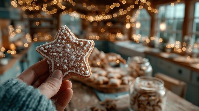 Hand holding a star-shaped cookie with icing and sprinkles. A cozy kitchen is decorated with warm lights and various baked goods in the background. - Powered by Adobe