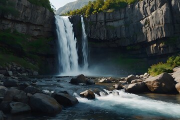 Majestic Waterfall Falling into Rocky River in Scenic Mountain Landscape