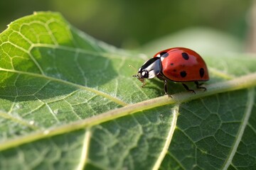 Fototapeta premium A red ladybug with black spots crawls on a vibrant green leaf in a garden, macro shot