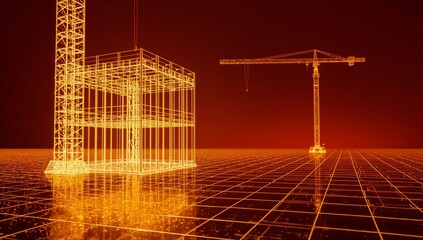Wireframe construction site with crane and building on red background