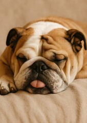 Fototapeta premium Sleeping bulldog on soft bed.