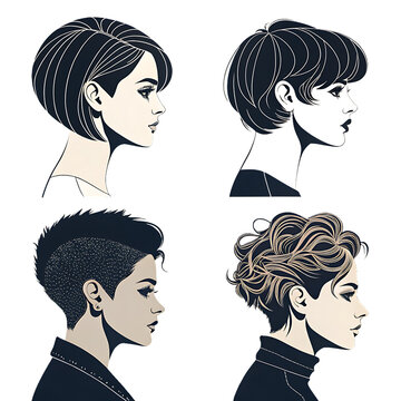Four different womens hairstyles are displayed in profile isolated on transparent background, showcasing various cuts and styles