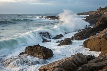 Fototapeta premium Powerful ocean waves crash against rocky coastline during sunset with dramatic lighting