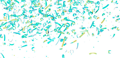 Falling teal and gold confetti on white background. Perfect for celebrations, parties, and festive designs.