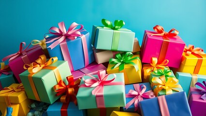 A joyful pile of colorful gift boxes tied with playful ribbons, evoking childhood excitement and wonder.