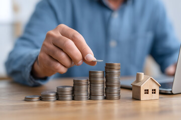 Man Adding Coin to Stack of Coins Representing Savings for House and Real Estate Investment