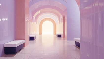 Fototapeta premium Corridor with arched architecture and pastel glowing light