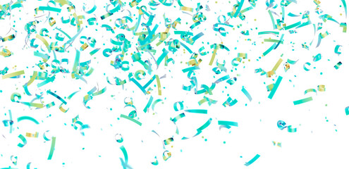 Celebrate with this vibrant image of teal and gold confetti falling against a clean white backdrop. Perfect for party invitations, banners, and