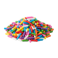 A small, neat pile of classic rainbow sprinkles (jimmies) in vibrant colors, macro shot on a transparent background with soft shadows, cheerful and appetizing mood