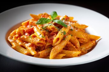 Penne Vodka. Gourmet bowl of Al Dente Pasta in Creamy Tomato Sauce - Semolina with Pink Tomato Sauce
