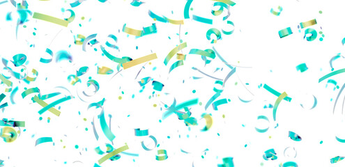 Bright teal and gold confetti falling on white background. Perfect for celebration, party, or festive designs.