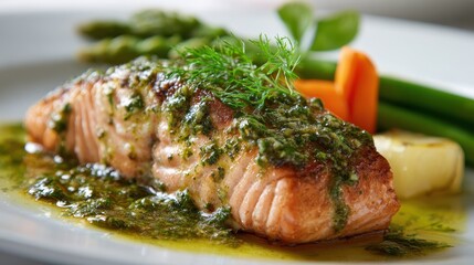 Pesto Salmon. Epicure Dish of Steamed Salmon Fillet on Healthy Plate