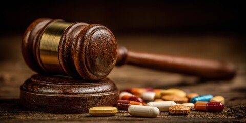 Pharmacy Law: Judge Gavel with Pharmaceutical Drugs on Wooden Desk