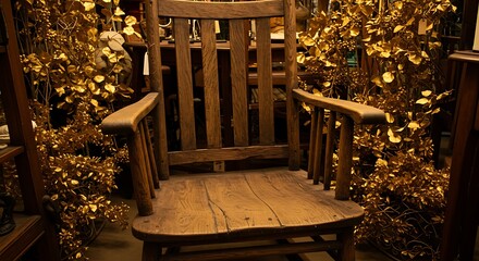 Close-up of antique wooden rocking chair, rustic weathered oak, surrounded by golden foliage, warm lighting, antique store