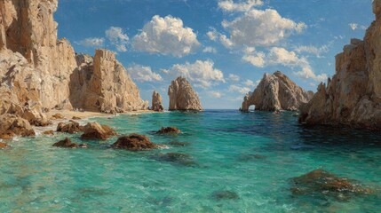 Fototapeta premium Coastal landscape painting of a turquoise bay with dramatic rock formations
