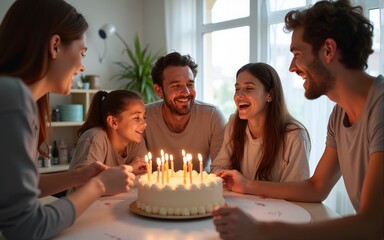 celebration and people concept - happy family with cake having birthday party at home. High quality