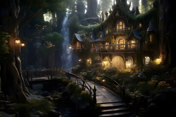 Fototapeta premium Enchanted Forest Haven, Magical Woodland Landscape, Mystical Nature Scene, Serene and Lush Fantasy Environment, 8K High-Resolution Digital Art