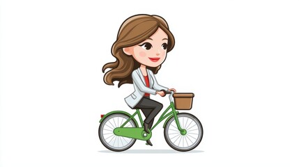 Smiling woman riding green bicycle with basket, casual outfit, long brown hair, cheerful mood, white background, cartoon style illustration