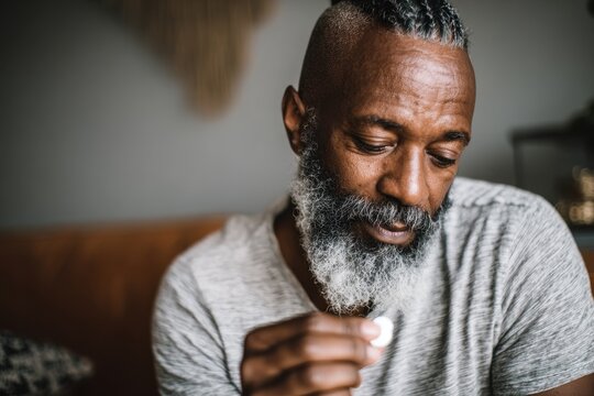 Senior African American Man Taking Medication Pill for Health Care at Home
