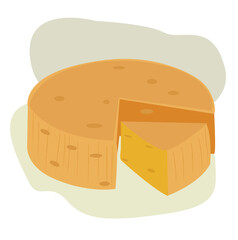 round cheese. A whole head of yellow cheese with a cut piece. Parmesan cheese. 