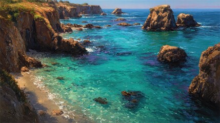 Coastal scenery with vibrant turquoise water and rocky shoreline
