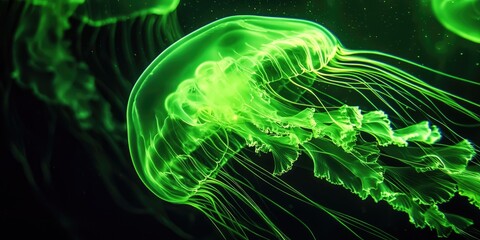 Obraz premium Close-up of translucent jellyfish tendril glowing green in a shadowy underwater world
