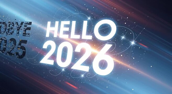Concept art depicting goodbye 2025 fading while hello 2026 emerges with radiant light and dynamic motion in an abstract design