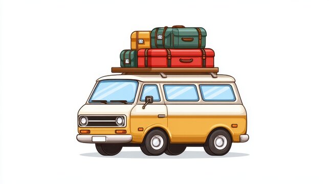 Yellow minibus, cartoon style, with colorful luggage on roof, isolated on white background, travel adventure, retro vehicle, cheerful and playful illustration