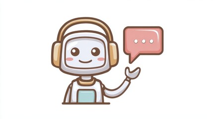 Cute robot character with headphones speech bubble smiling face cartoon style white background friendly communication technology digital assistant leicathecat