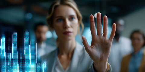 Woman touching virtual screen with digital data visualization in office environment