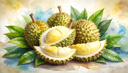 Watercolor painting showcases the creamy yellow segments and spiky green husk of the durian fruit.