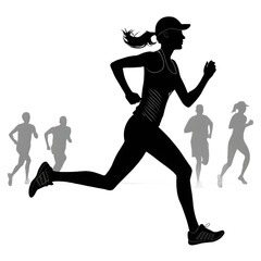 A woman is running in a marathon with other runners in silhouette isolated on transparent background