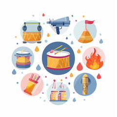 Holi festival vector icon set with pichkari, color powder, splashes, drum, and bonfire. Flat minimal design, perfect for creative celebration graphics.
