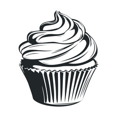 Monochrome cupcake illustration with swirled frosting and striped wrapper on white background