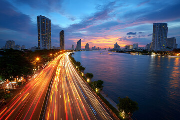 Fototapeta premium A city street with a river running through it