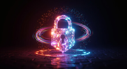 Vibrant neon-lit digital padlock symbolizing robust cybersecurity and data protection within a futuristic glowing network environment, representing secure online information and privacy