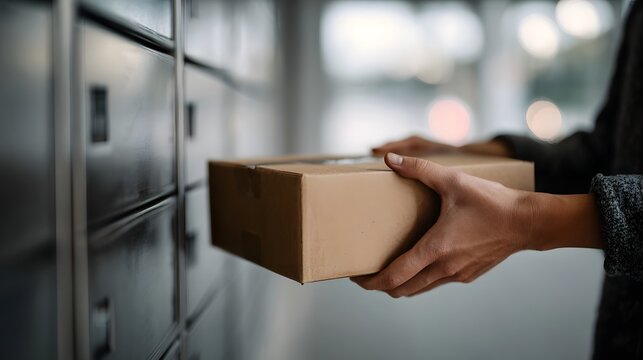 Hands placing a box into a self service parcel locker for delivery
