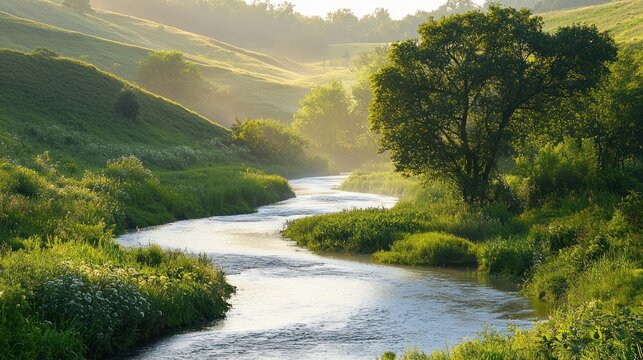 Serene sunrise over a meandering river in a lush green valley.
